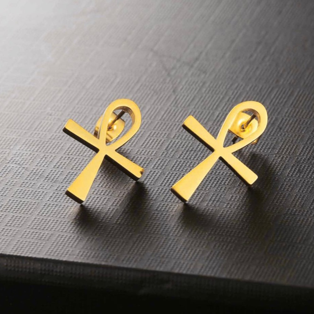 New 18K Gold Ankh Stud Earrings